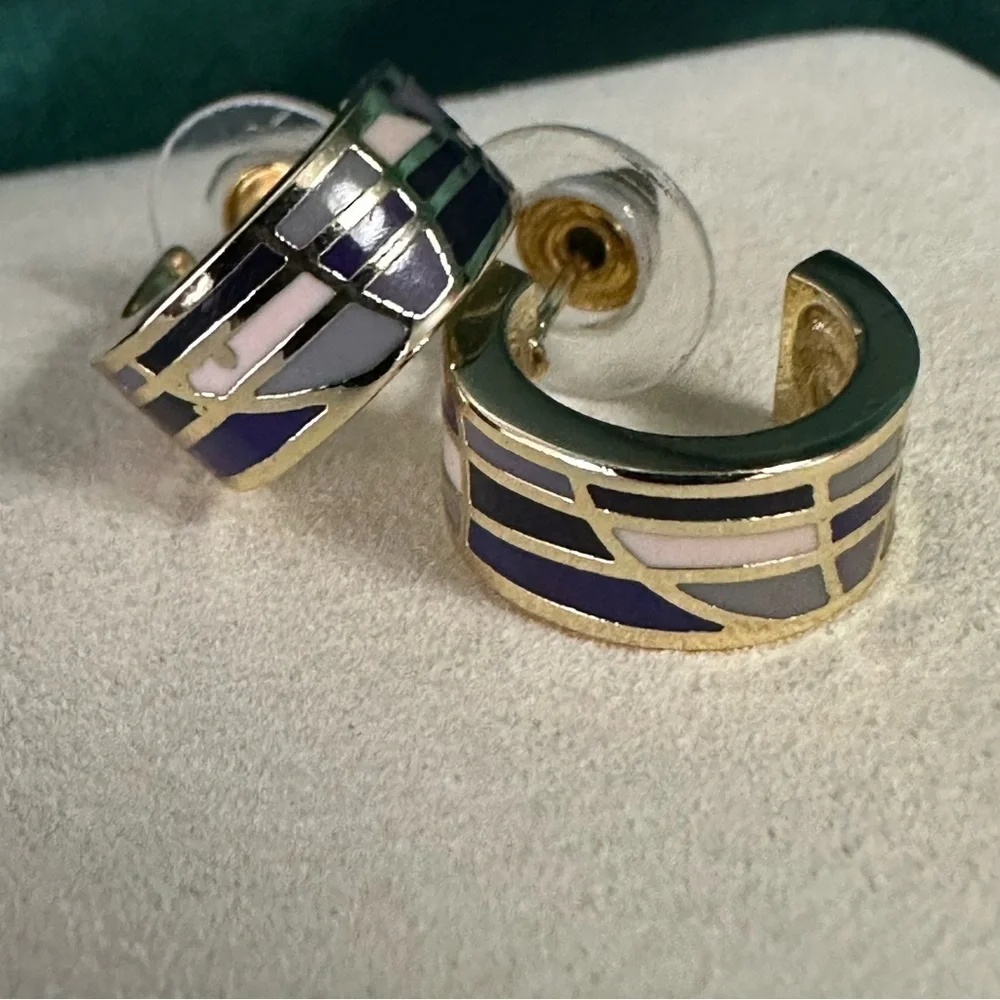 Gold-Plated Enamel Inlay Hoop Earrings • Purple & Lilac Mosaic